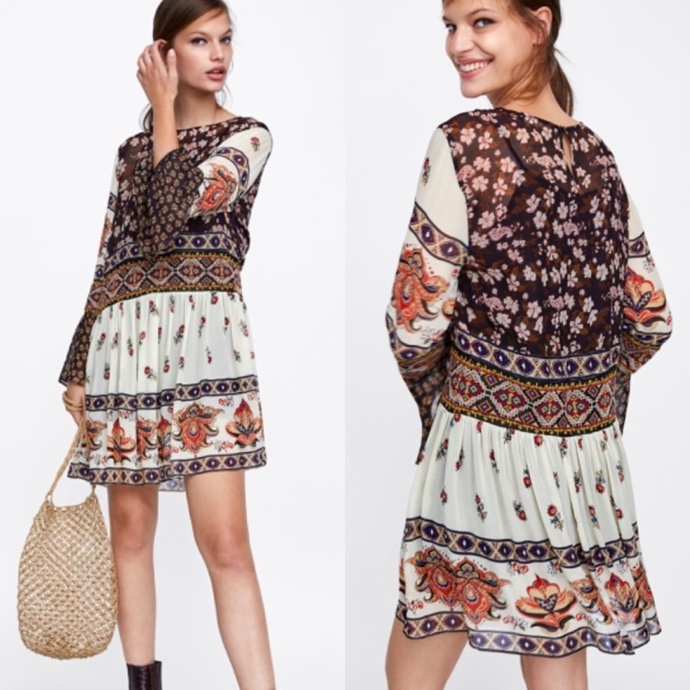 Zara Floral BOHO Dress in Brown and Cream
